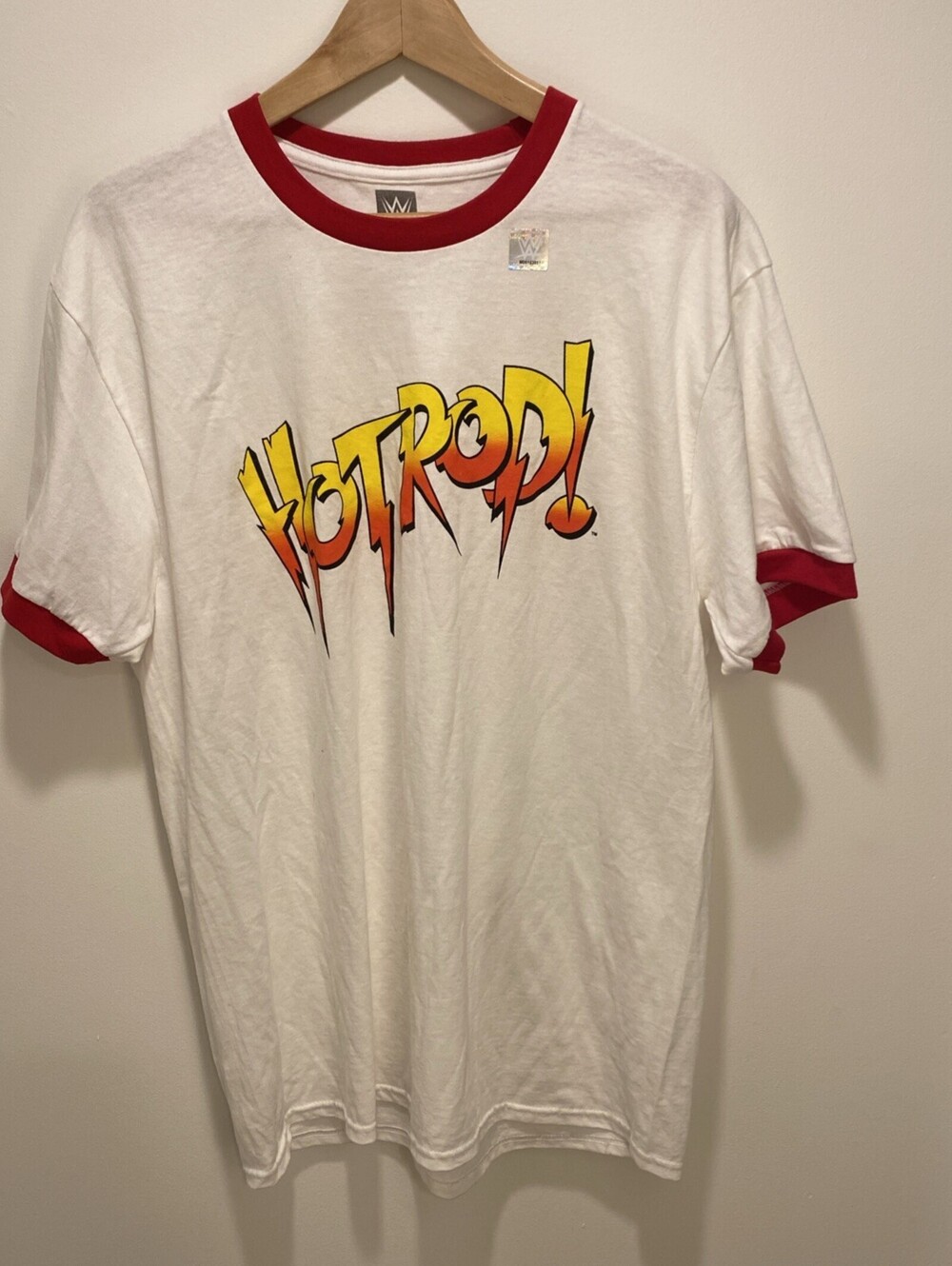 WWE "Hot Rod!" Ringer Wrestling Shirt White/Red |  Size Large